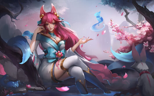 Обои на рабочий стол Ahri / Ари из игры League of Legends среди живностей