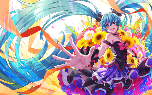 Обои на рабочий стол Vocaloid Hatsune Miku / Вокалоид Хатсунэ Мику среди роз, подсолнухов