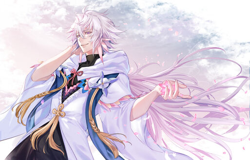 Обои на рабочий стол Мерлин / Merlin из аниме Судьба / Великий приказ / Fate / Grand Order с цветком в руке