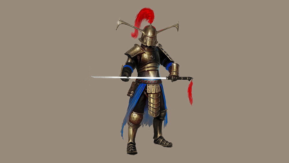 Обои для рабочего стола Рыцарь с мечом в шлеме с красным хвостом