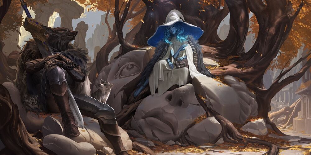Обои для рабочего стола Ranni The Witch / Ведьма Ренни из игры Elden Ring сидит на разрушенной скульптуре головы и рядом с ней Blaidd-получеловек-полуволк