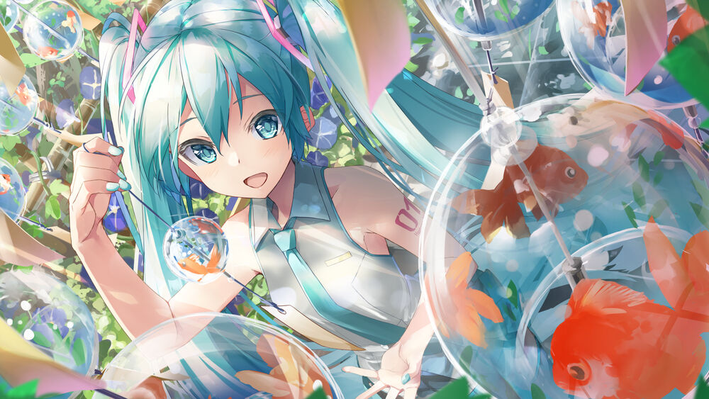 Обои для рабочего стола Vocaloid / Вокалоид Hatsune Miku / Хатсуне Мику / Мику Хацунэ среди шаров с золотыми рыбка внутри
