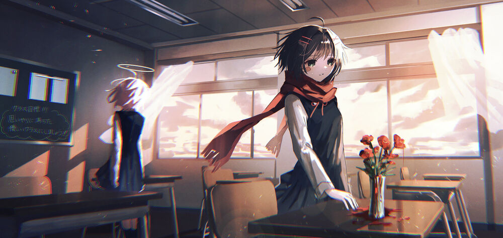 Обои для рабочего стола В школьном классе темноволосая девушка с красным шарфом стоит у парты, на которой стоит ваша с цветами, позади стоит девушка с нимбом над головой