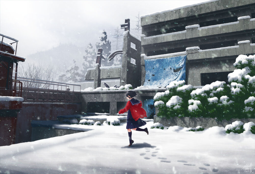 Обои для рабочего стола Девочка в красной курточке бежит по снегу