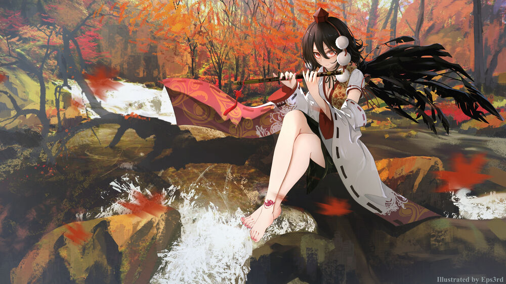 Обои для рабочего стола Aya Shameimaru / Ая Шамеймару сидит на камнях у ручейка из серии игры Touhou Project / Проект Восток