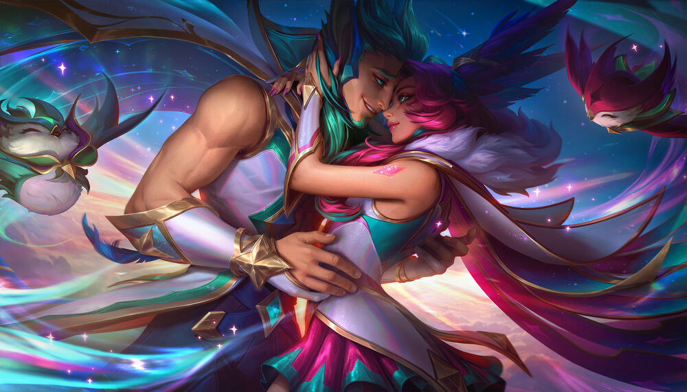 Обои для рабочего стола Xayah / Шая, Rakan / Рэйкан, Star Guardian Xayah / Звездный страж Шаи и Star Guardian Rakan / Звездный страж Рэйкана из игры League of Legends