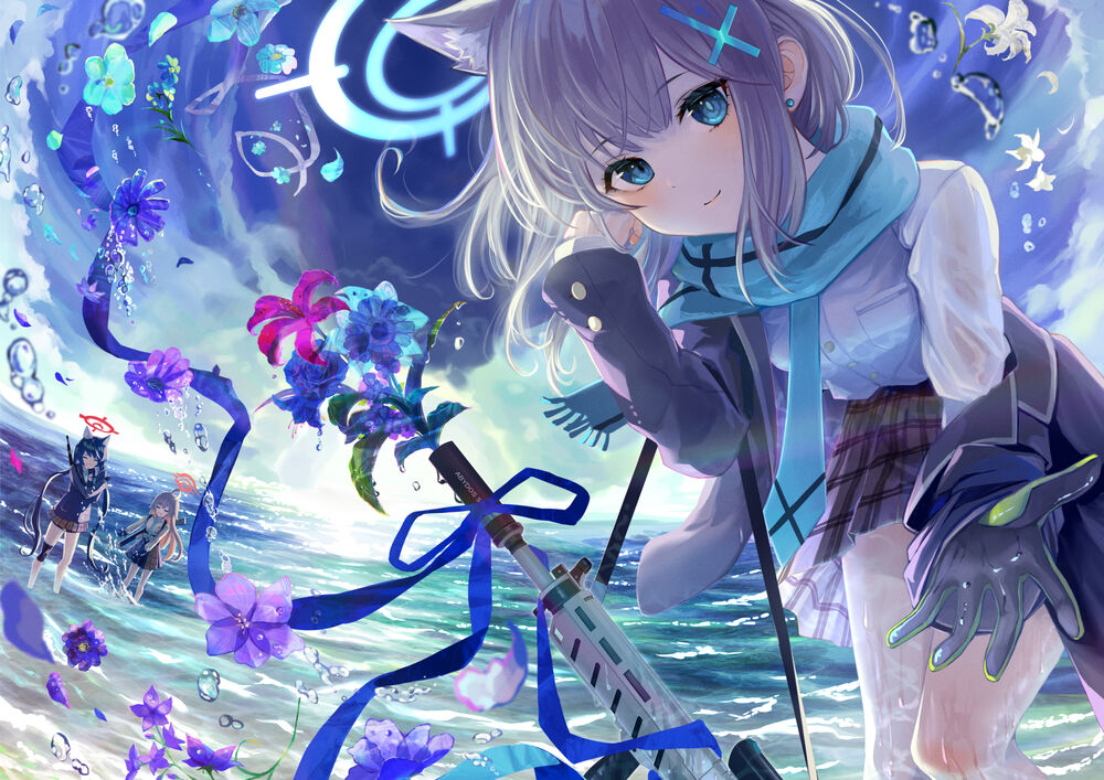 Обои для рабочего стола Kuromi Serika, Sunaookami Shiroko и Takanashi Hoshino под небом в море, персонажи из видеоигры Blue Archive