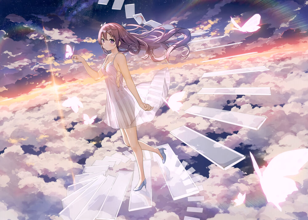 Обои для рабочего стола Длинноволосая Kurumi в полу-прозрачном платье спускается по лестнице в небе с облаками среди бабочек