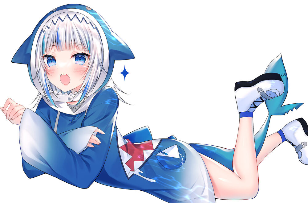 Обои для рабочего стола CatShark Gura / Gawr Gura / Гавр Гура Virtual Youtuber / Виртуальный Ютубер на белом фоне