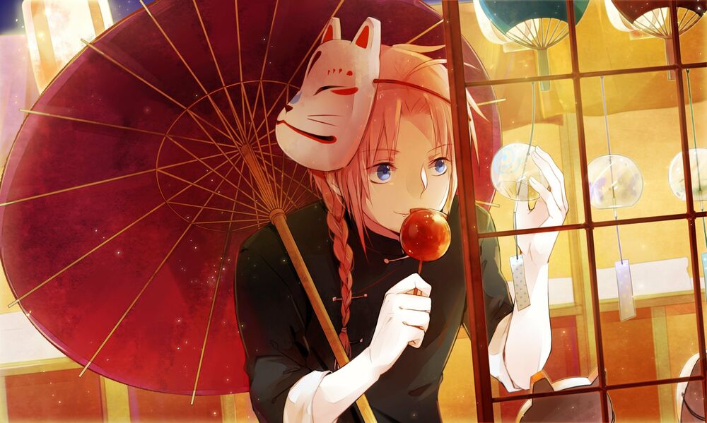 Обои для рабочего стола Kamui kagura с маской на голове с красным зонтом рассматривает колокольчики ветра из аниме Gintama / гинтама