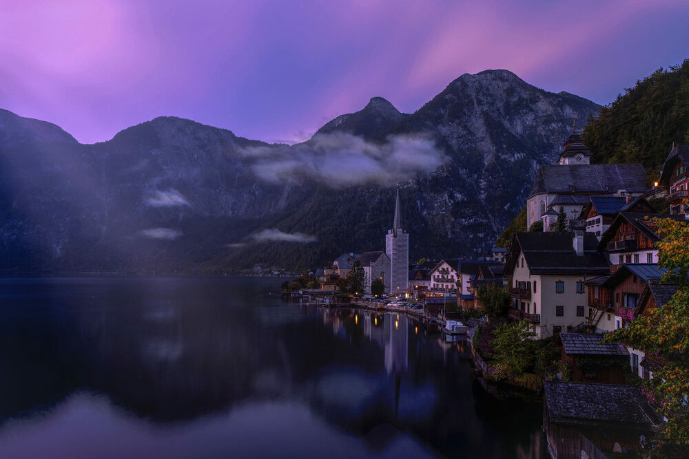 Обои для рабочего стола Вечерний вид у озера на Hallstatt, Austria / Гальштатт, Австрия