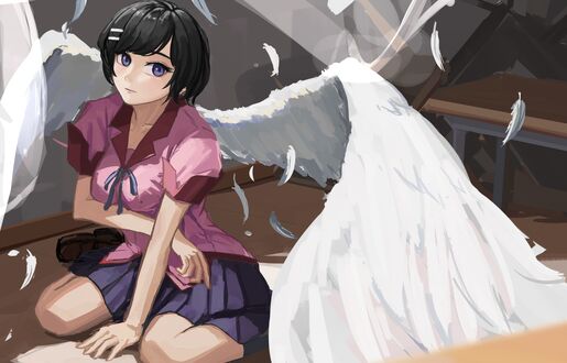 Обои на рабочий стол Tsubasa Hanekawa / Цубаса Ханэкава с ангельскими крыльями из аниме Bakemonogatari / Истории монстров