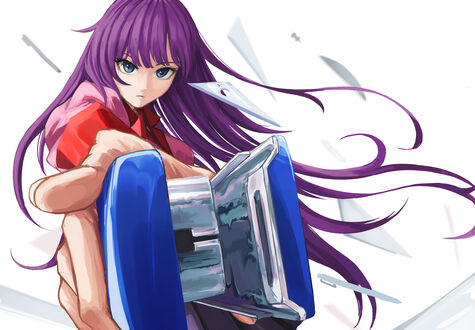 Обои на рабочий стол Hitagi Senjougahara / Хитаги Сэндзегахара со степлером из аниме Bakemonogatari / Истории монстров
