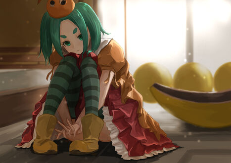 Обои на рабочий стол Yotsugi Ononoki / Ецуги Ононоки силит на полу из аниме Bakemonogatari / Истории монстров