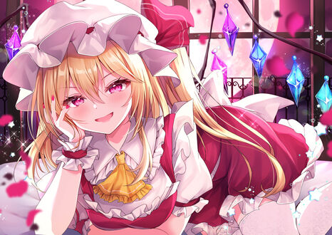 Обои на рабочий стол Фландре Скарлет / Flandre Scarlet из игры Touhou Project / Проект Восток / Тохо лежит на кровати