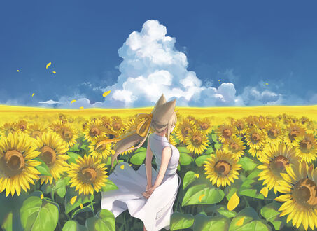 Обои на рабочий стол Девушка с кошачьими ушками стоит среди подсолнухов