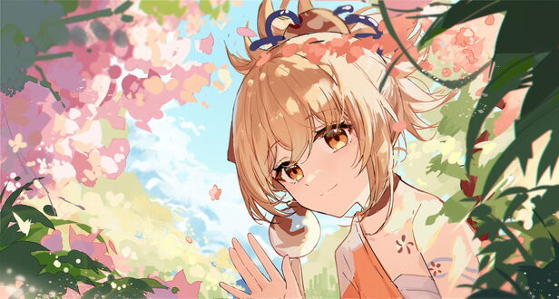 Обои на рабочий стол Yoimiya / Еимия из видеоигры Genshin Impact среди цветов и неба