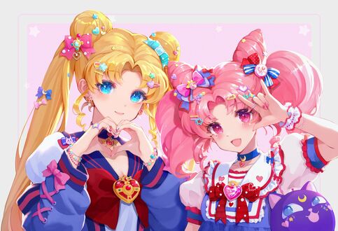 Обои на рабочий стол Usagi Tsukino / Усаги Цукино, Chibiusa / Чибиуса и Luna P / Луна Пи из аниме Bishoujo Senshi Sailor Moon / Красавица-воин Сейлор Мун