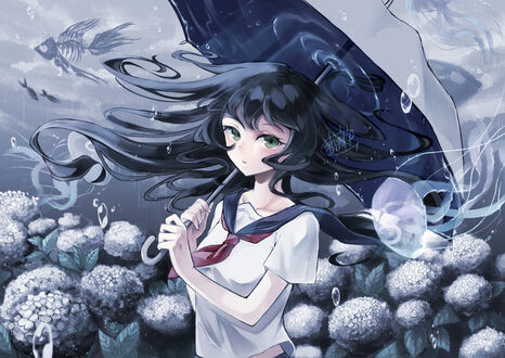 Обои на рабочий стол Девушка в школьной форме держит зонтик среди медуз под водой, на фоне воды с скелетами рыб и кустов гортензия