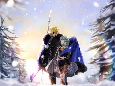 Обои на рабочий стол Дмитрий Александр Бладуд / Dimitri Alexandre Blaiddyd и Byleth Eisner / Байлет Эйснер из игры Fire Emblem