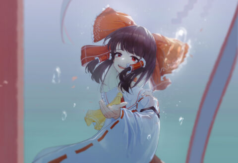 Обои на рабочий стол Reimu Hakurei / Рейму Хакурей из игры Проект Восток / Touhou Project, улыбаясь, протягивает руку