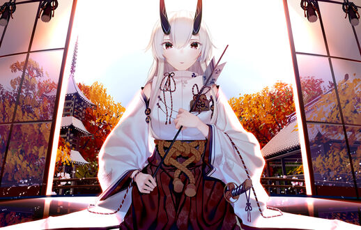 Обои на рабочий стол Tomoe Gozen / Томоэ Годзэн из аниме Судьба / Великий приказ / Fate / Grand Order со стрелой в руках стоит на коленях