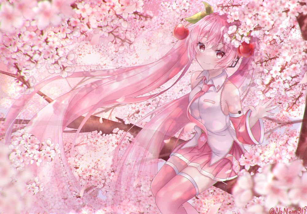 Обои для рабочего стола Vocaloid Hatsune Miku / Вокалоид Хатсунэ Мику / Сакура Мику сидит на ветке цветущей вишни
