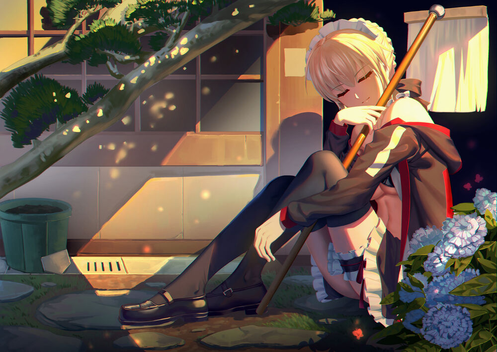 Обои для рабочего стола Артурия Пендрагон / Artoria Pendragon / Сейбер / Saber из серии аниме и новелл Fate / Stay night / Судьба: Ночь схватки / Ночь прибытия сидит на полу