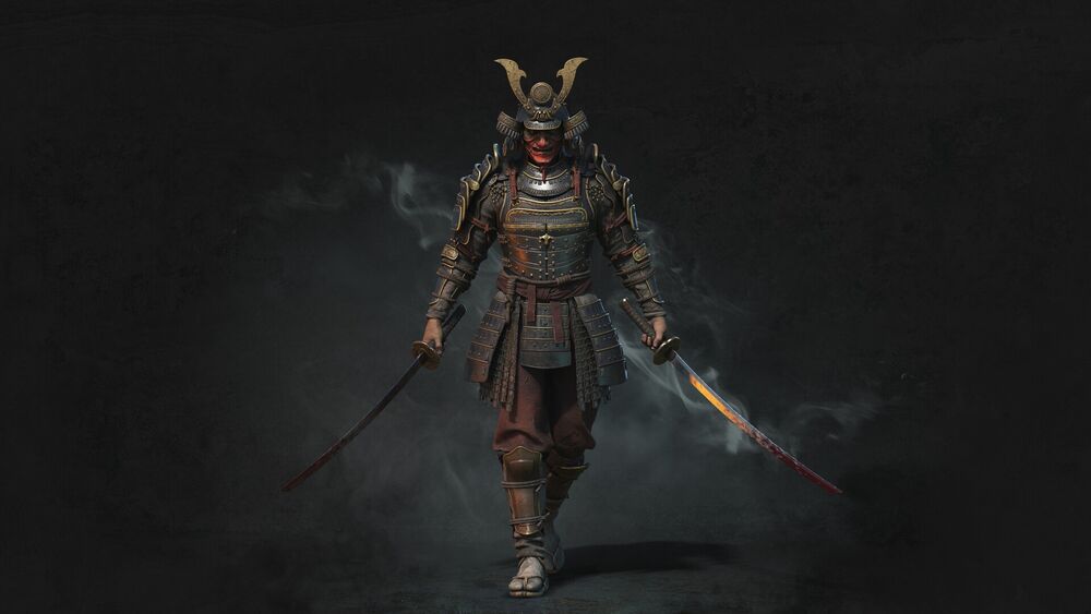 Обои для рабочего стола Японский самурай в маске с окровавленными катанами в руках на сером фоне