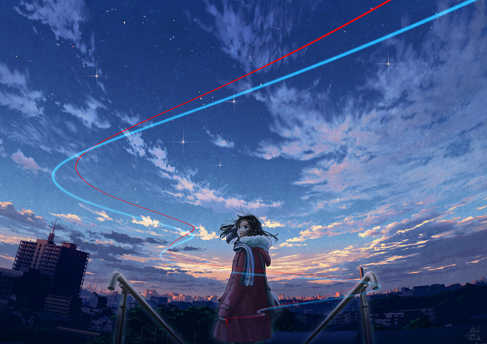 Обои для рабочего стола Девочка в пальто и шарфе стоит на фоне города под облачным небом, к ее руке привязана красная и голубая нити, уходящие в небо