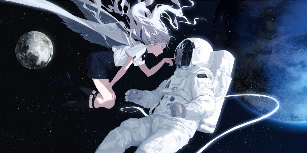 Обои для рабочего стола Белокурая с длинными волосами девушка с ангельскими крыльями смотрит в стекло космонавта, в космосе