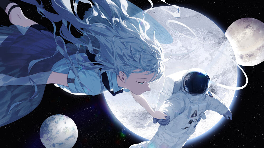 Обои для рабочего стола Белокурая с длинными волосами девушка с ангельскими крыльями держит за руку космонавта на фоне планет