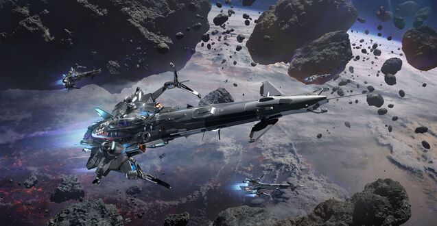 Обои на рабочий стол Несколько космических кораблей в поле астероидов на фоне планеты