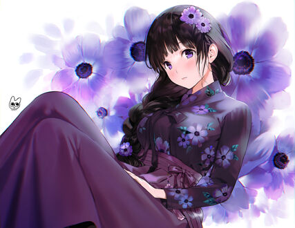 Обои на рабочий стол Chitanda Eru / Титанда Эру из аниме Хьеука: Тебе не уйти / Hyouka: You Cant Escape на цветочном фоне