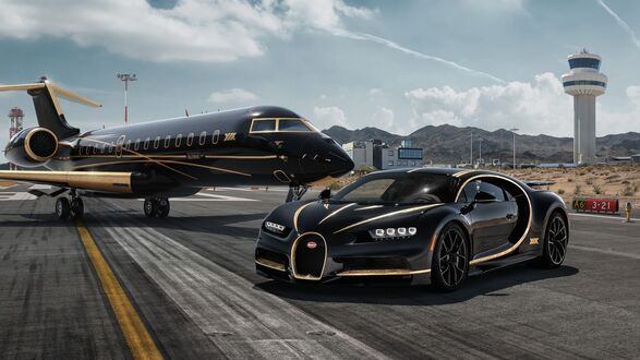 Обои на рабочий стол Черный Bugatti и Superjet стоят на взлетной полосе