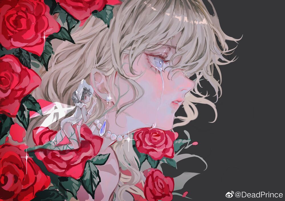 Обои для рабочего стола Плачущая белокурая голубоглазая девушка в профиль среди красных роз, рядом сидит маленькая фея
