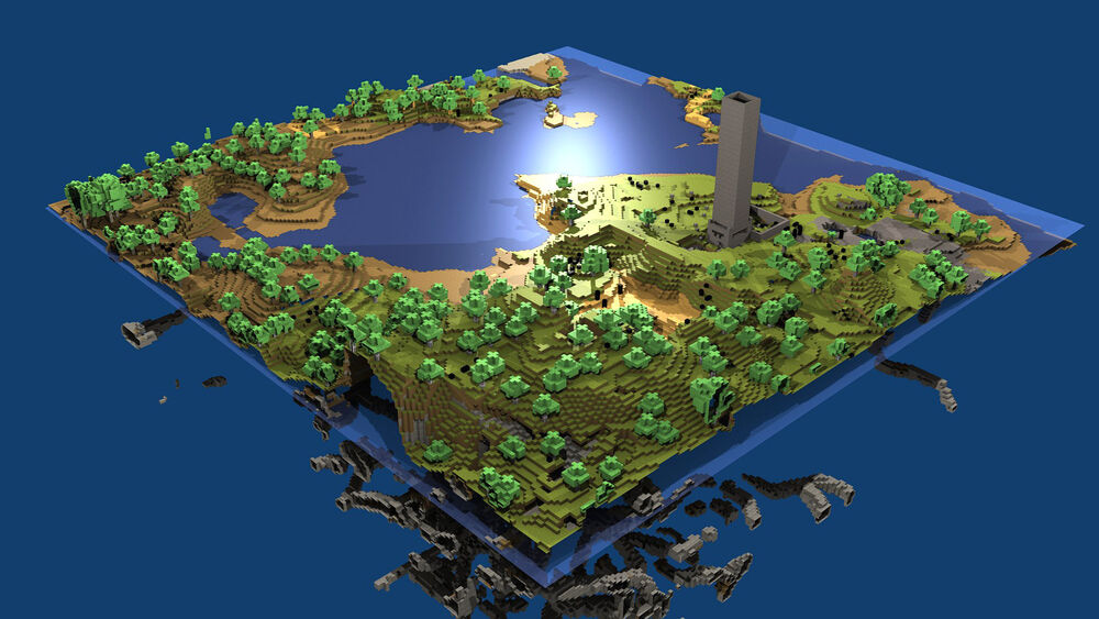 Обои для рабочего стола Квадратная часть земли с деревьями и высоким зданием на синем фоне из игры Minecraft / Майнкрафт