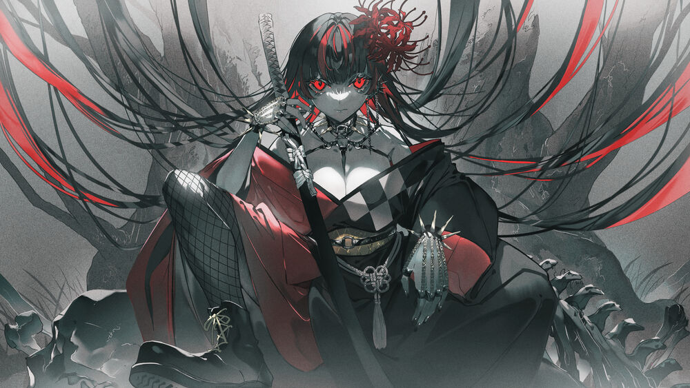 Обои для рабочего стола Темноволосая красноглазая девушка с ликорисами в волосах держит в руке меч, позади нее скелет