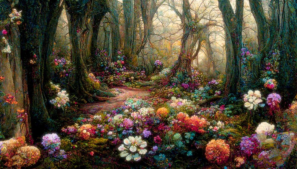 Обои для рабочего стола Волшебный лес с цветами у тропы