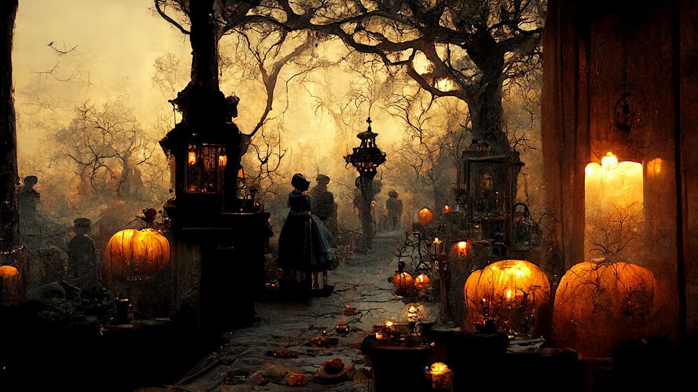 Обои для рабочего стола Аллея со светящимися тыквами у домов в ночь празднования Хэллоуина