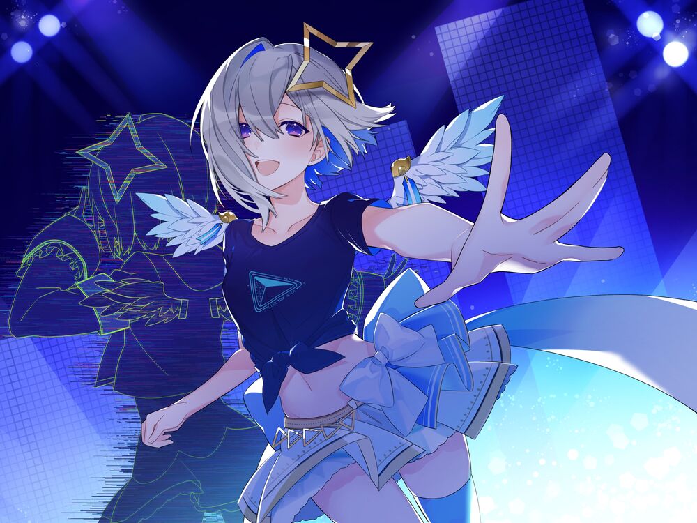 Обои для рабочего стола Белокурая с сиреневыми глазами Kanata Amane / Каната Аманэ, Virtual Youtuber / Виртуальный Ютубер, персонаж аниме Holo no Graffiti / Граффити Холо выставила руку вперед