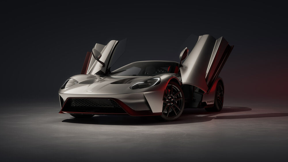 Обои для рабочего стола Ford GT с открытыми дверьми на сером фоне