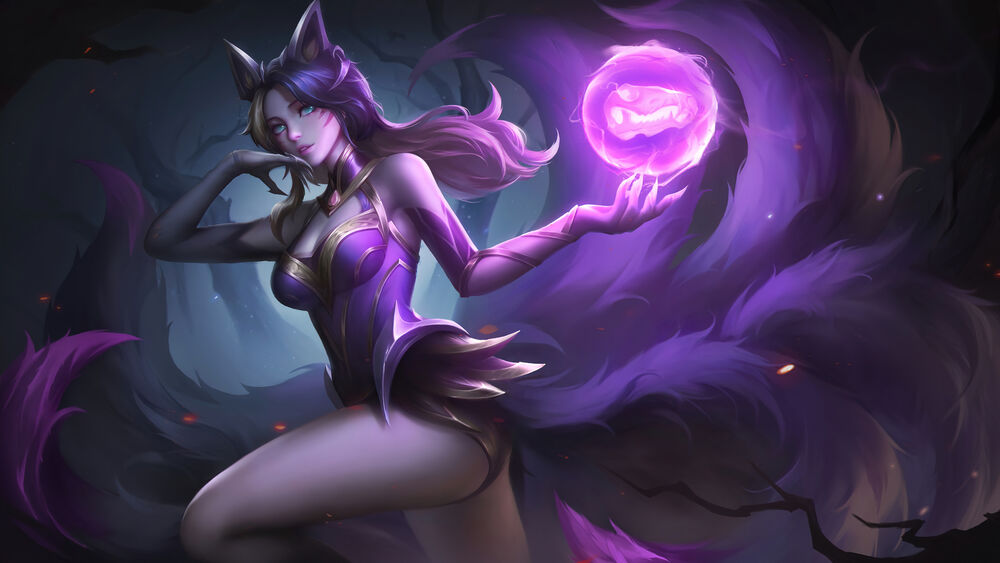 Обои для рабочего стола Ари / Ahri персонаж из видеоигры Лига Легенд / League of Legends с магическим сиреневым шаром на руке