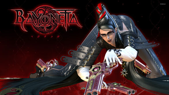 Обои на рабочий стол Bayonetta / Байонета с оружием из из одноименной игры (яп. ベヨネッタ3 Бэенэтта сури) (Nintendo Switch)