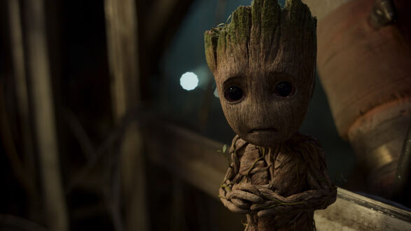 Обои на рабочий стол Маленький Groot / Грут из кинофильма Guardians of The Galaxy 2 / Стражи галактики 2 стоит с испугом в глазах в полумраке