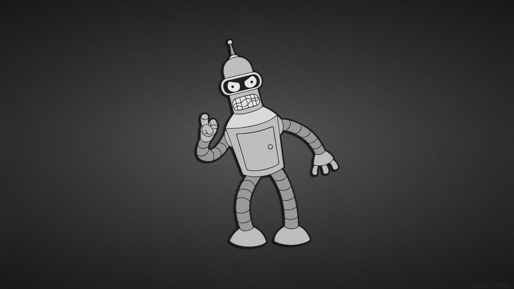 Обои для рабочего стола Злой Bender / Бендер из мультсериала Futurama / Футурама поднял палец на сером фоне