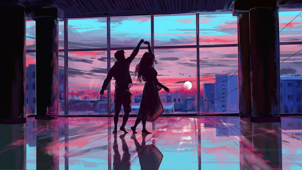 Обои для рабочего стола Парень с девушкой в танце в просторном зале с видом на город на закате солнца