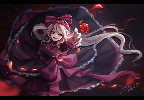 Обои на рабочий стол Шаллтир Бладфоллен / Shalltear Bloodfallen из аниме Повелитель / Overlord протягивает руку к розе