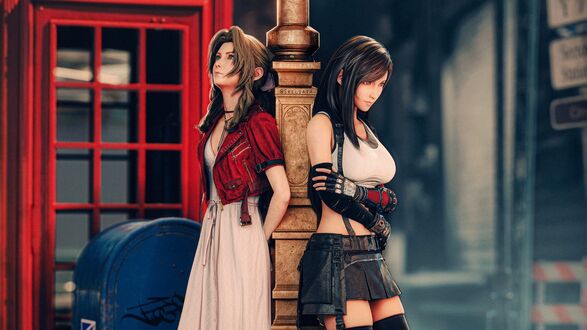Обои на рабочий стол Tifa Lockhart / Тифа Локхарт и Айрис Гейнсборо / Аэрис / Aerith Gainsborough / Aeris из игры Final Fantasy VII / Последняя фантазия 7 стоят около столба