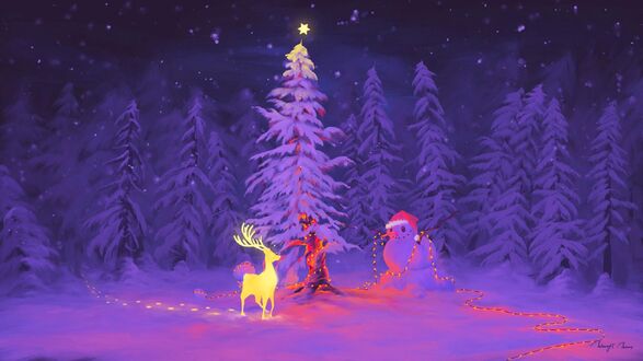 Конкурсная работа Снеговик с гирляндой и олень у елки в новогоднюю ночь